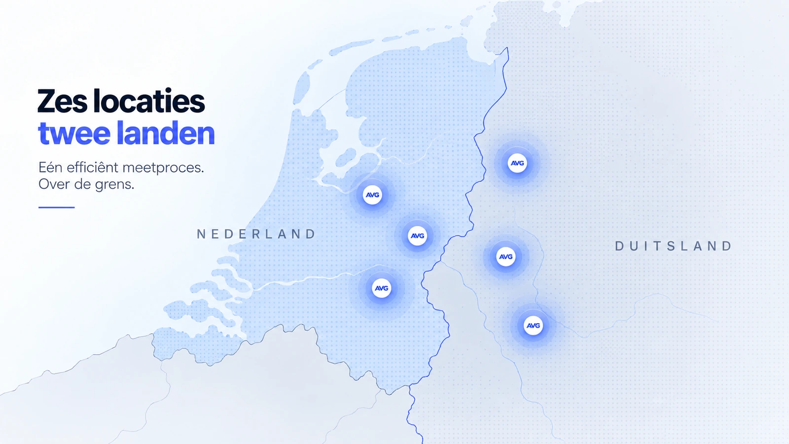 Kaart van Nederland en Duitsland met de zes AVG-locaties, verdeeld over twee landen