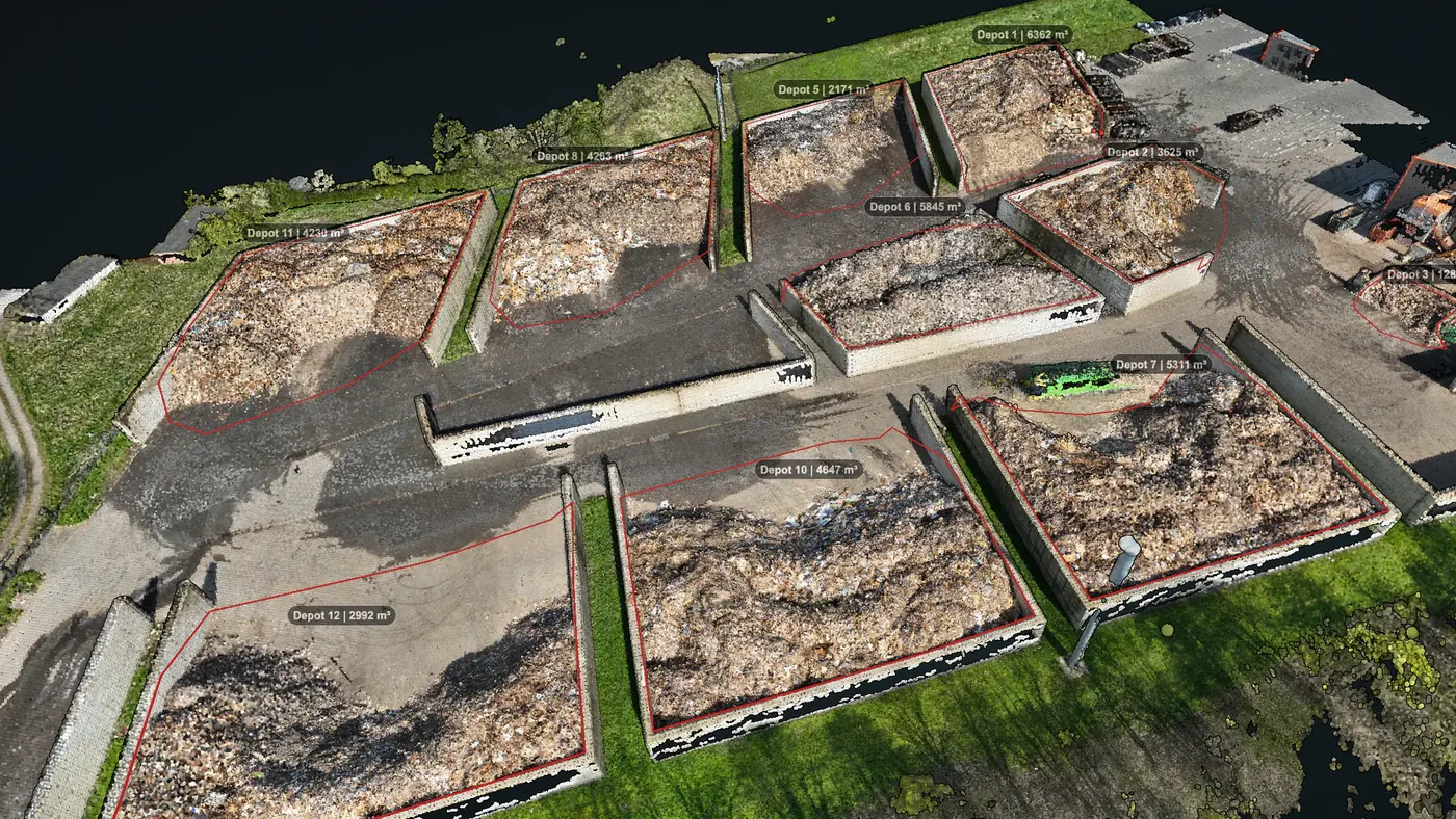 3D-model van een recyclingterrein met per vak het gemeten volume erbij vermeld