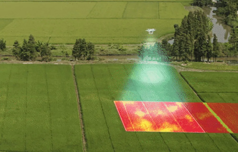 Drone boven landbouwpercelen met een AI-heatmap van gewasgezondheid