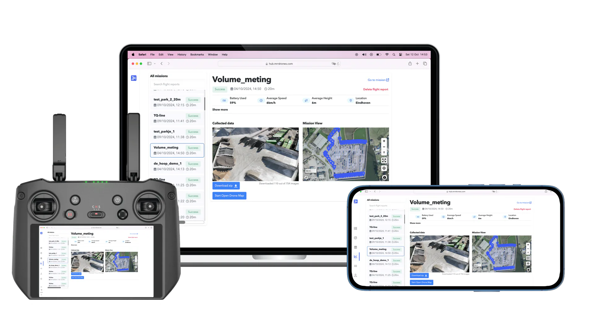 Het AiroMap-platform draait identiek op een laptop, een DJI-afstandsbediening en een mobiele telefoon