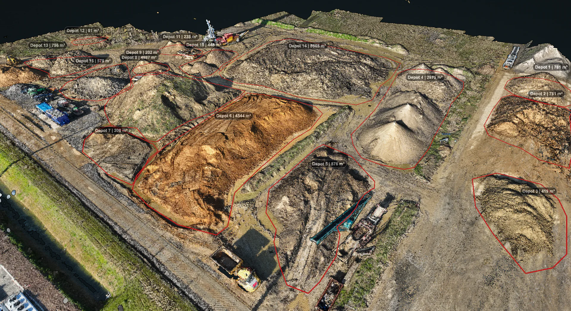 Fotorealistisch 3D-model van een materiaaldepot met automatisch berekend volume in kubieke meters